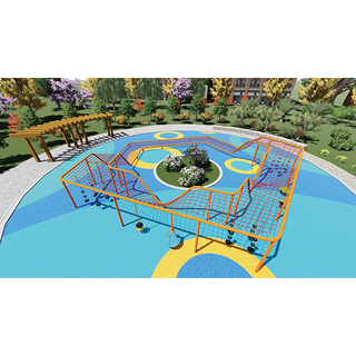 Parque infantil com rede de corda de escalada com balanço e rotatória